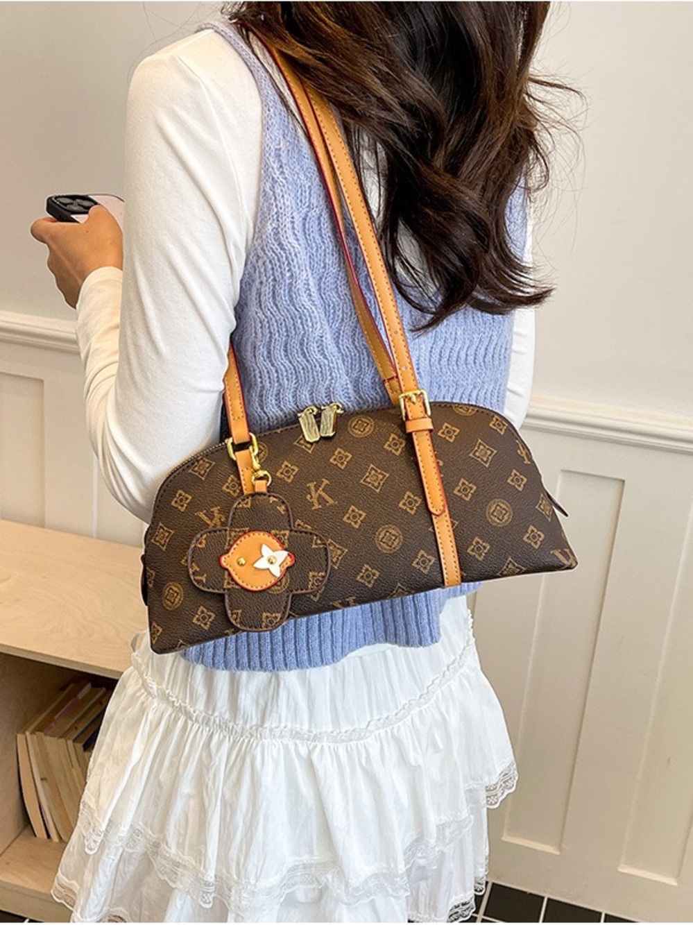 Designer Brown Monogram Shoulder Bag with Tan Straps